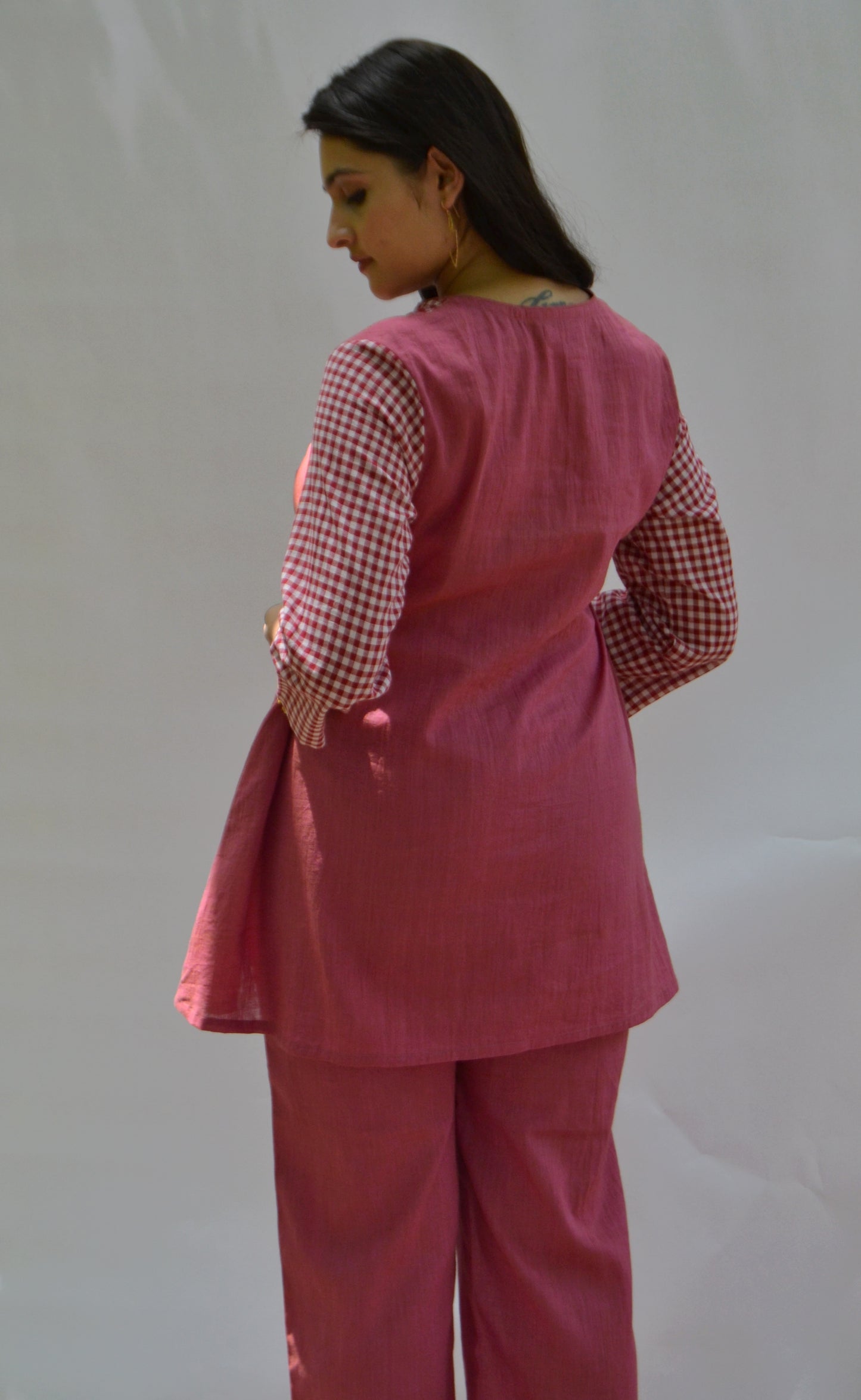 Tunic with Yoke & Sleeve in Checks & Side Gathering