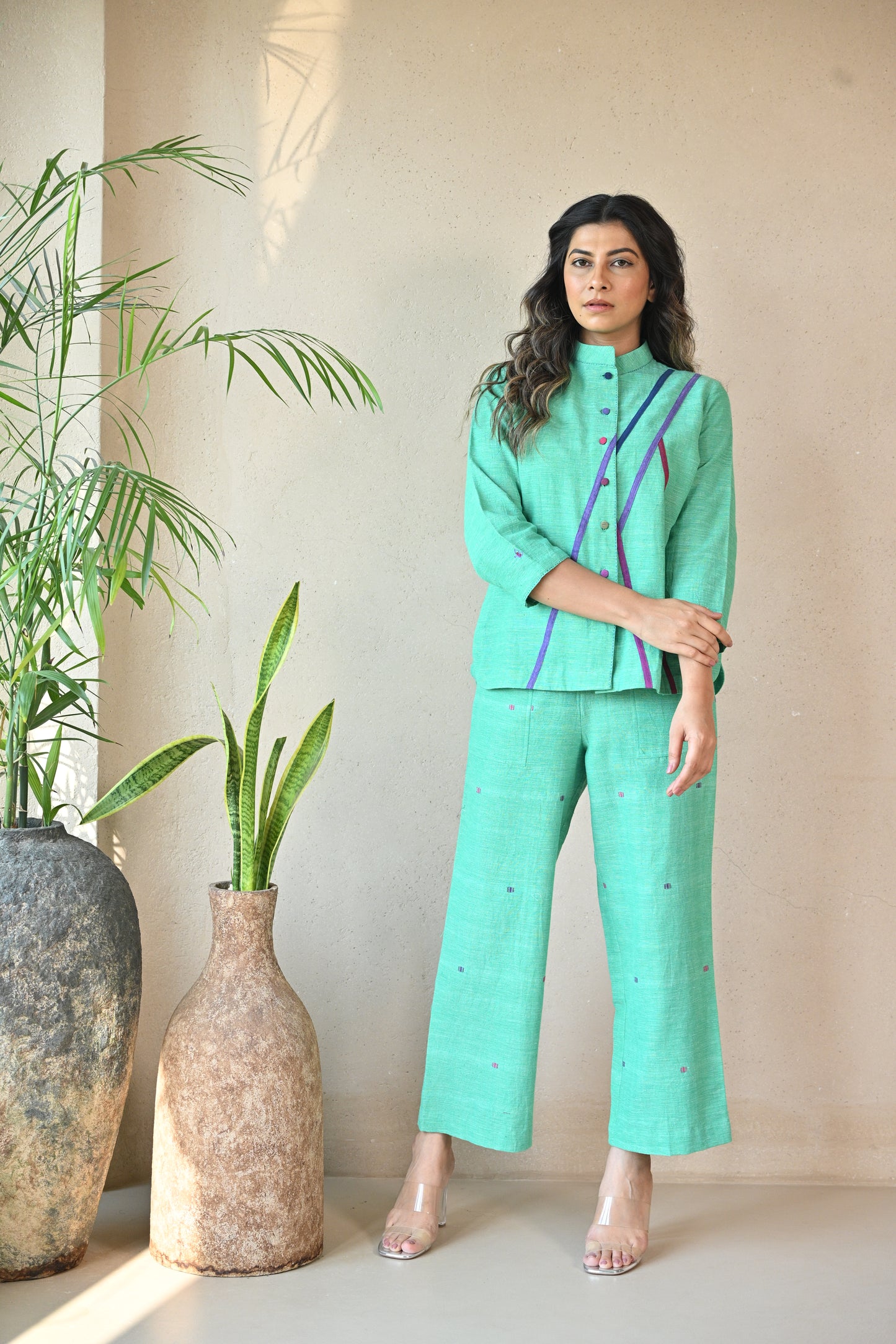 Zuri, Shirt, Fabric Panel Details, with Multi color Buttons, Embroidery Accents