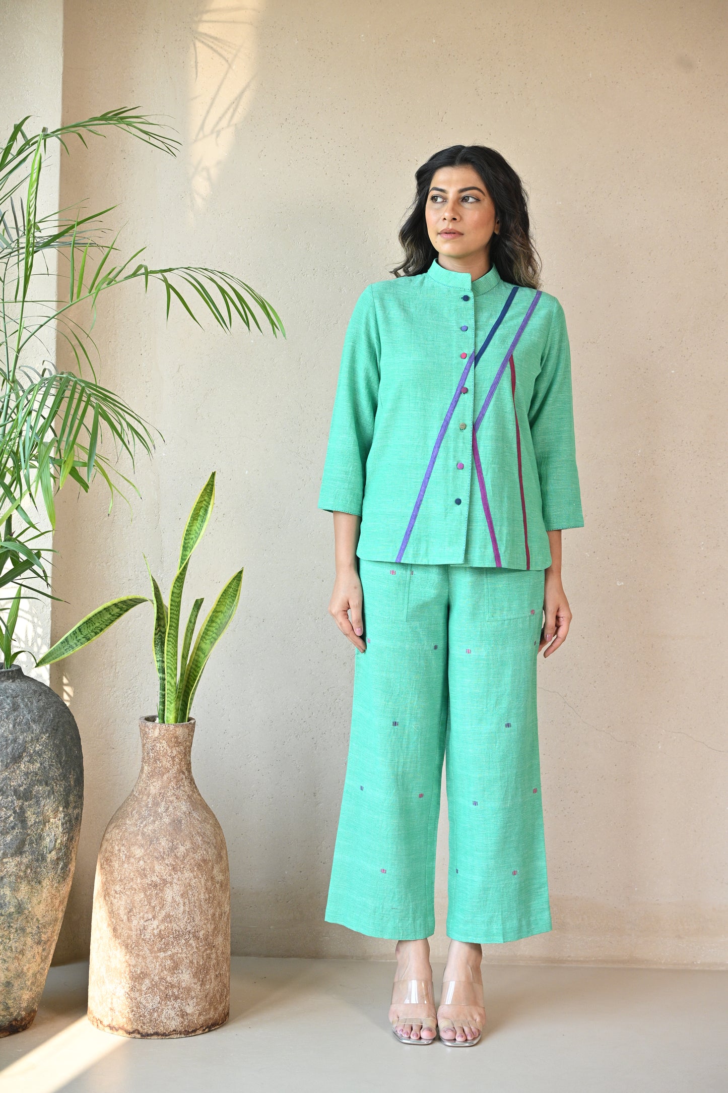 Zuri, Shirt Fabric Panel Details, with Multi color Buttons, Embroidery Accents