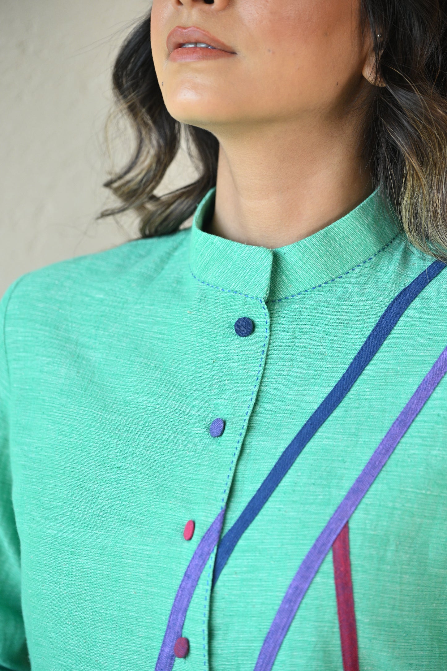 Zuri, Shirt Fabric Panel Details, with Multi color Buttons, Embroidery Accents