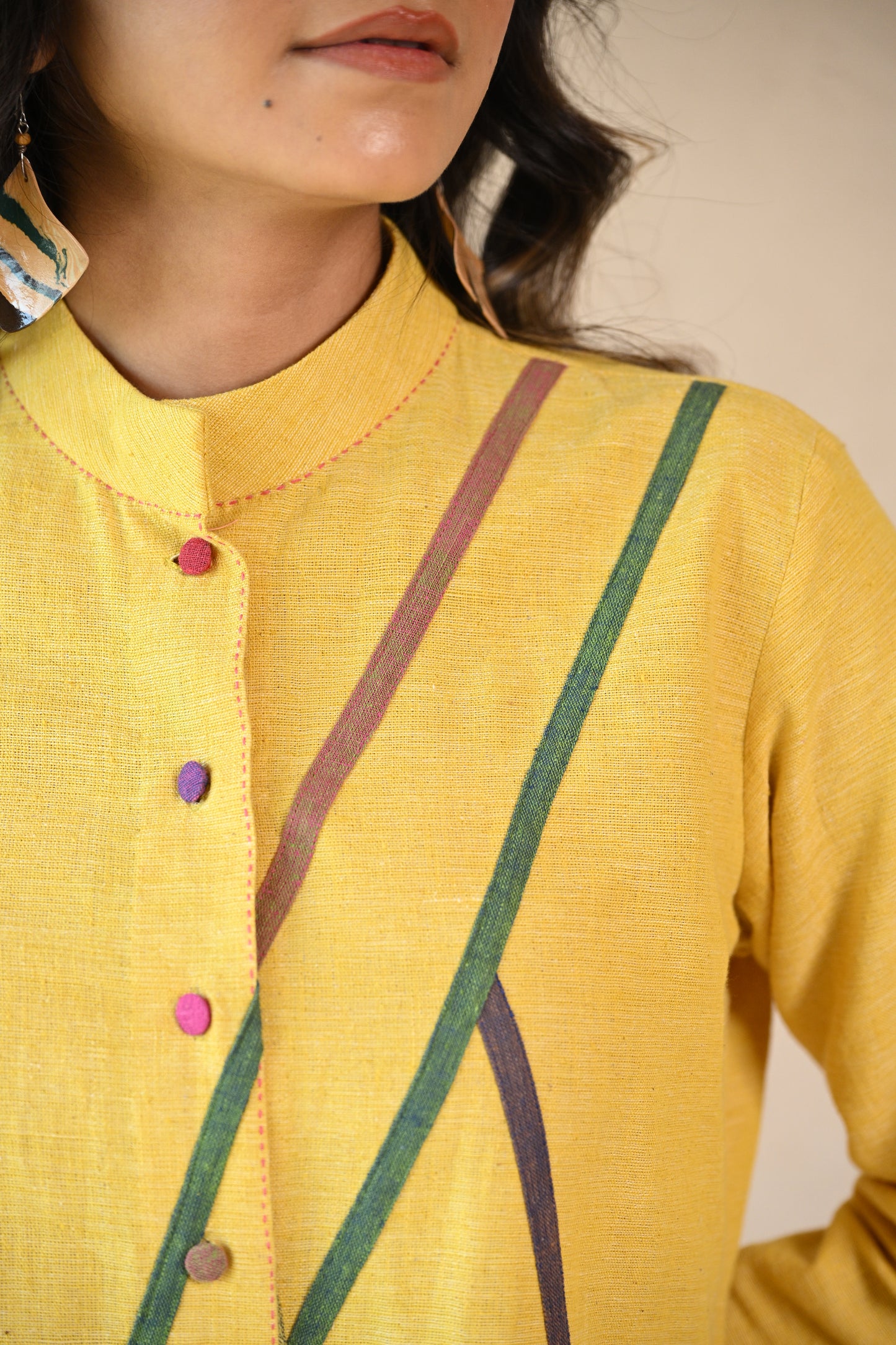 Zuri, Shirt, Fabric Panel Details, with Multi color Buttons, Embroidery Accents