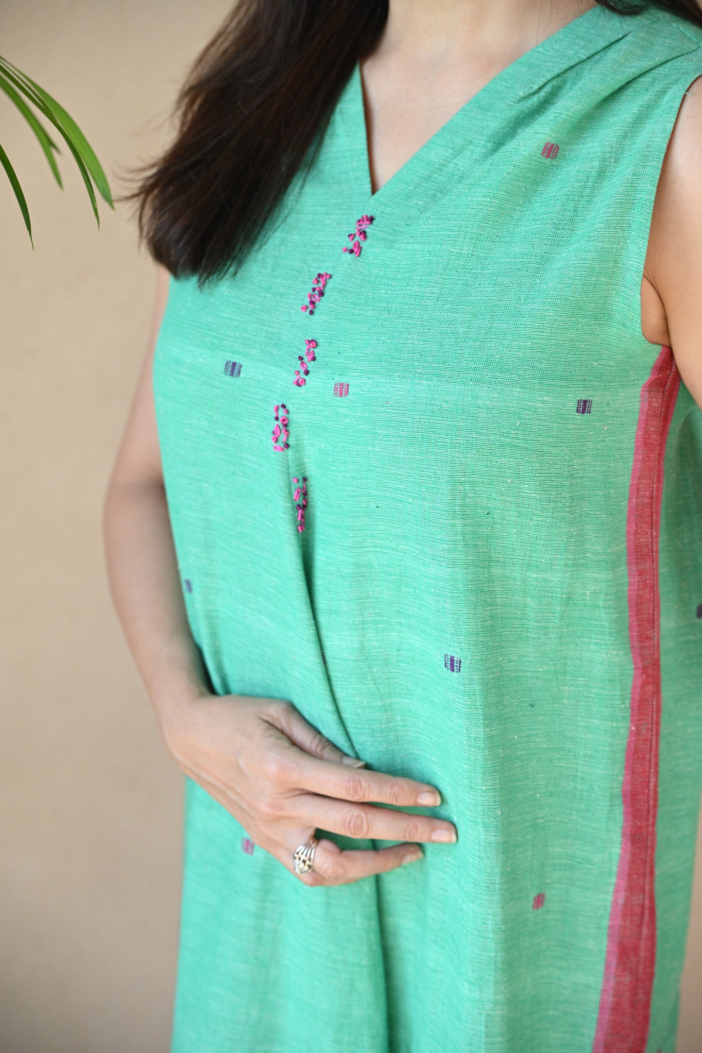 Zohar, Dress Center Flare With Shoulder Pleating & Embroidery Accents