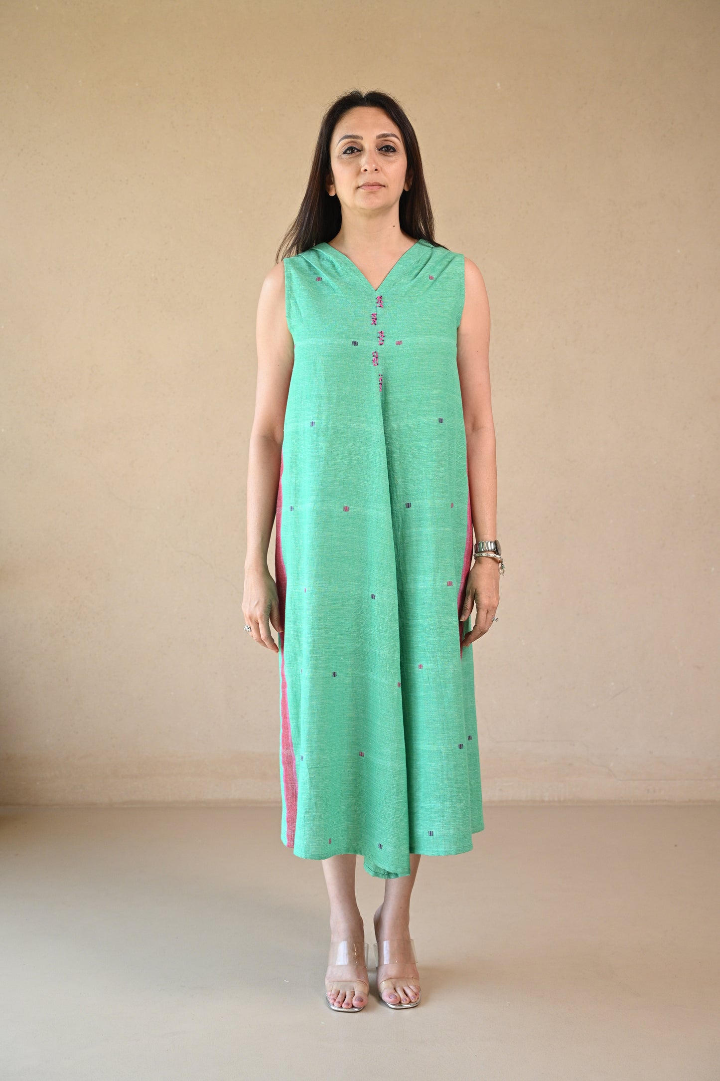 Zohar, Dress Center Flare With Shoulder Pleating & Embroidery Accents