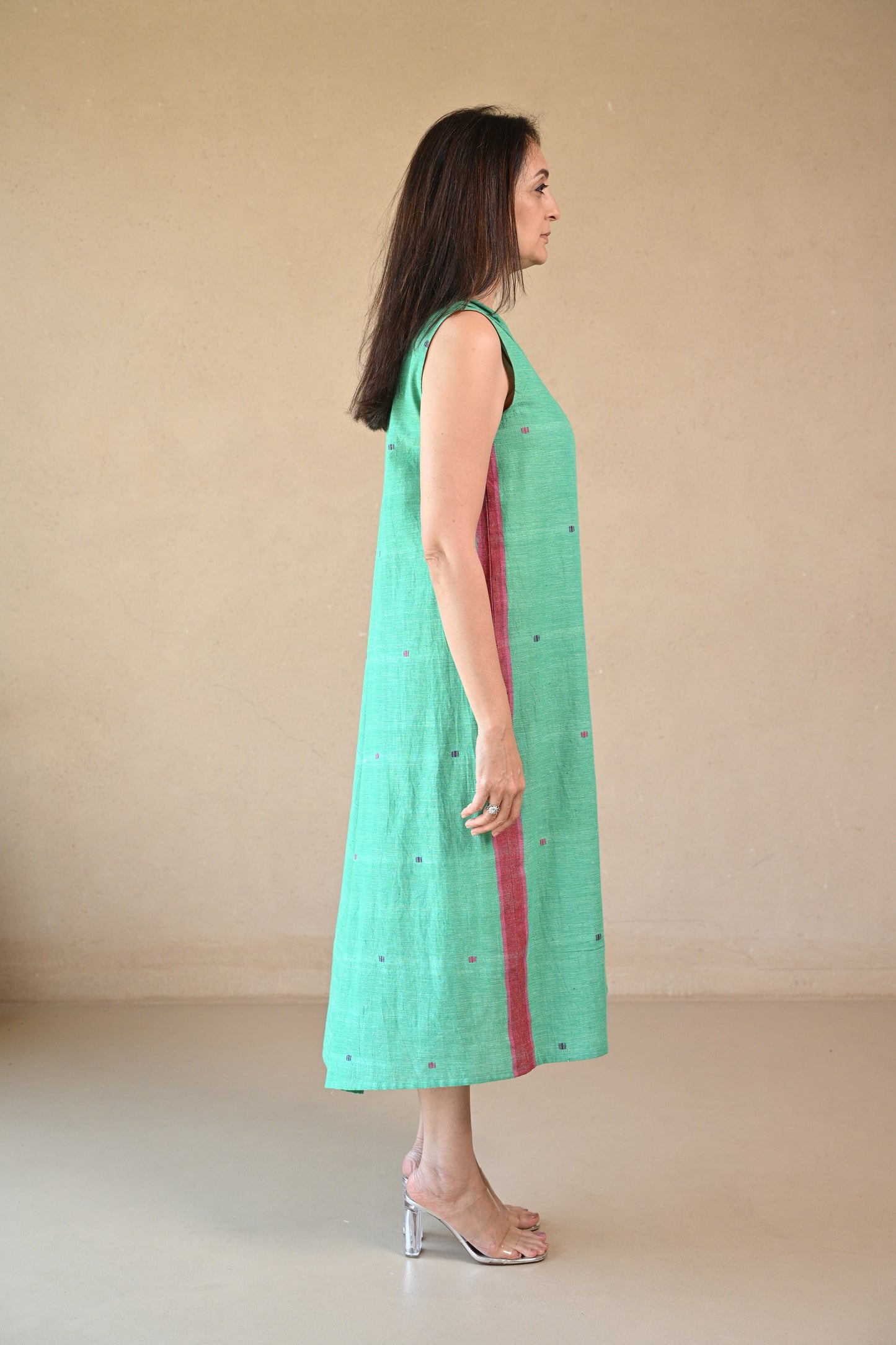 Zohar, Dress Center Flare With Shoulder Pleating & Embroidery Accents