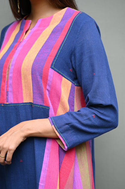 Kurta Blue Buti with Pink Stripe Yoke