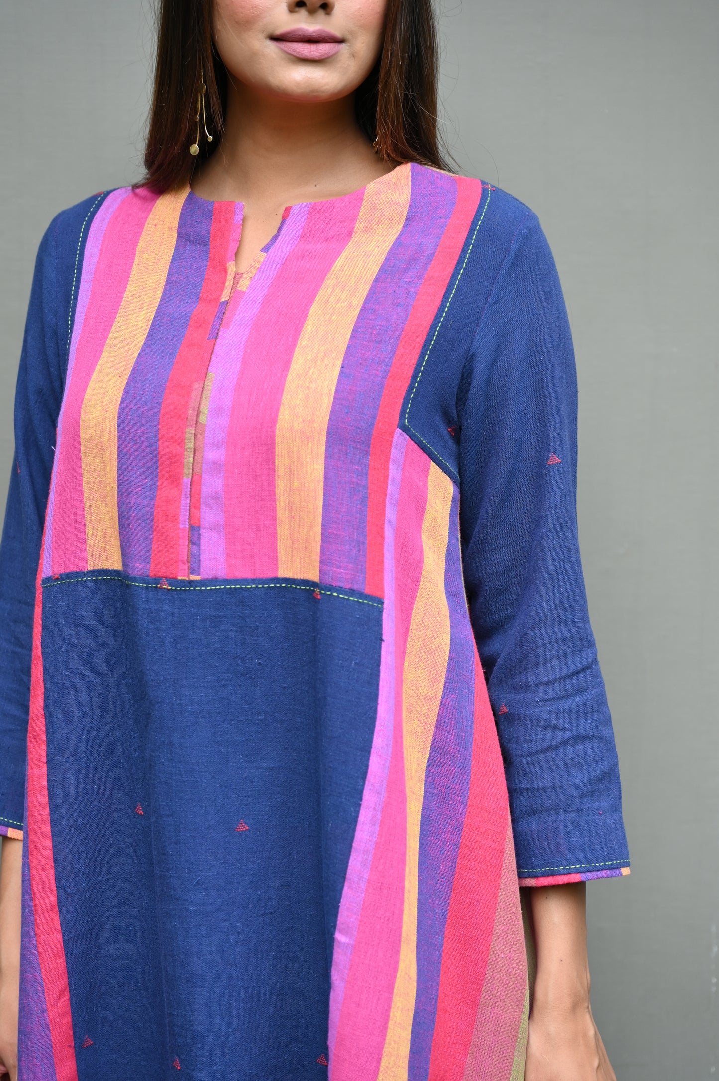 Kurta Blue Buti with Pink Stripe Yoke