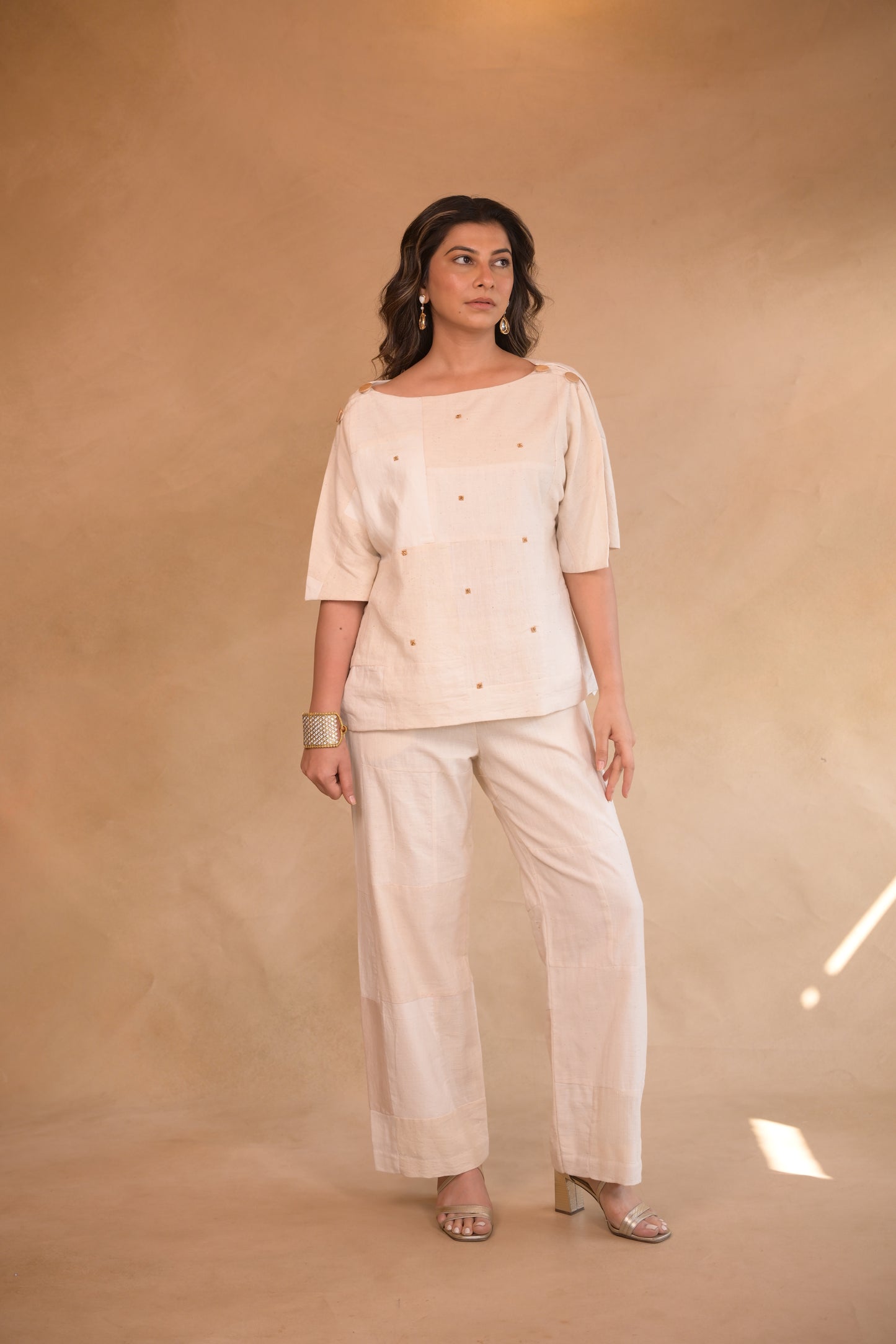 Tunic, with shoulder button in Patched fabric and hand embroidery accents