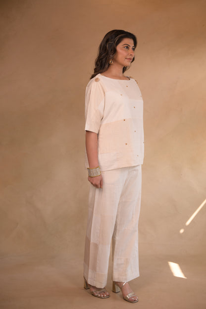 Tunic, with shoulder button in Patched fabric and hand embroidery accents