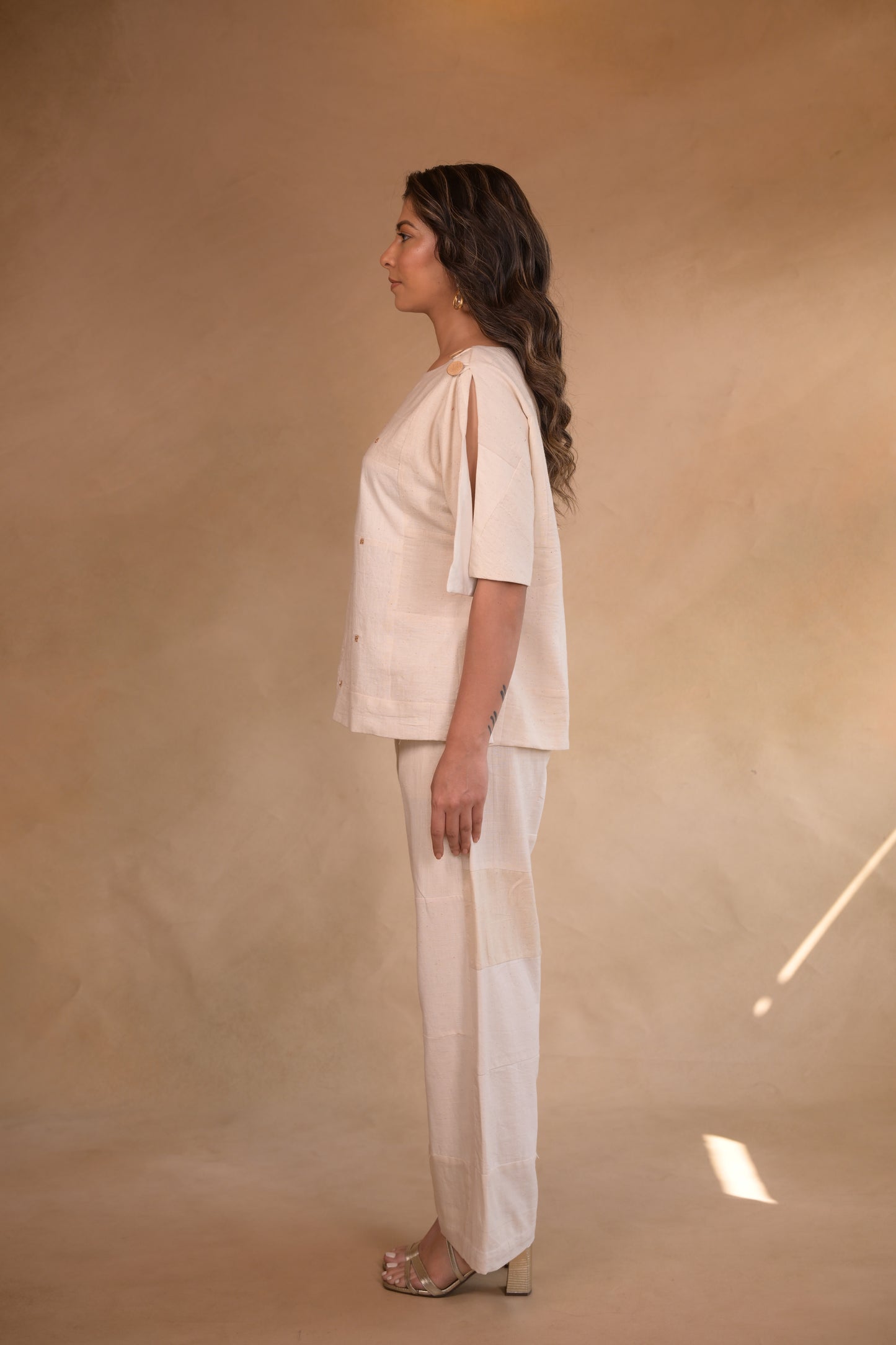 Tunic, with shoulder button in Patched fabric and hand embroidery accents