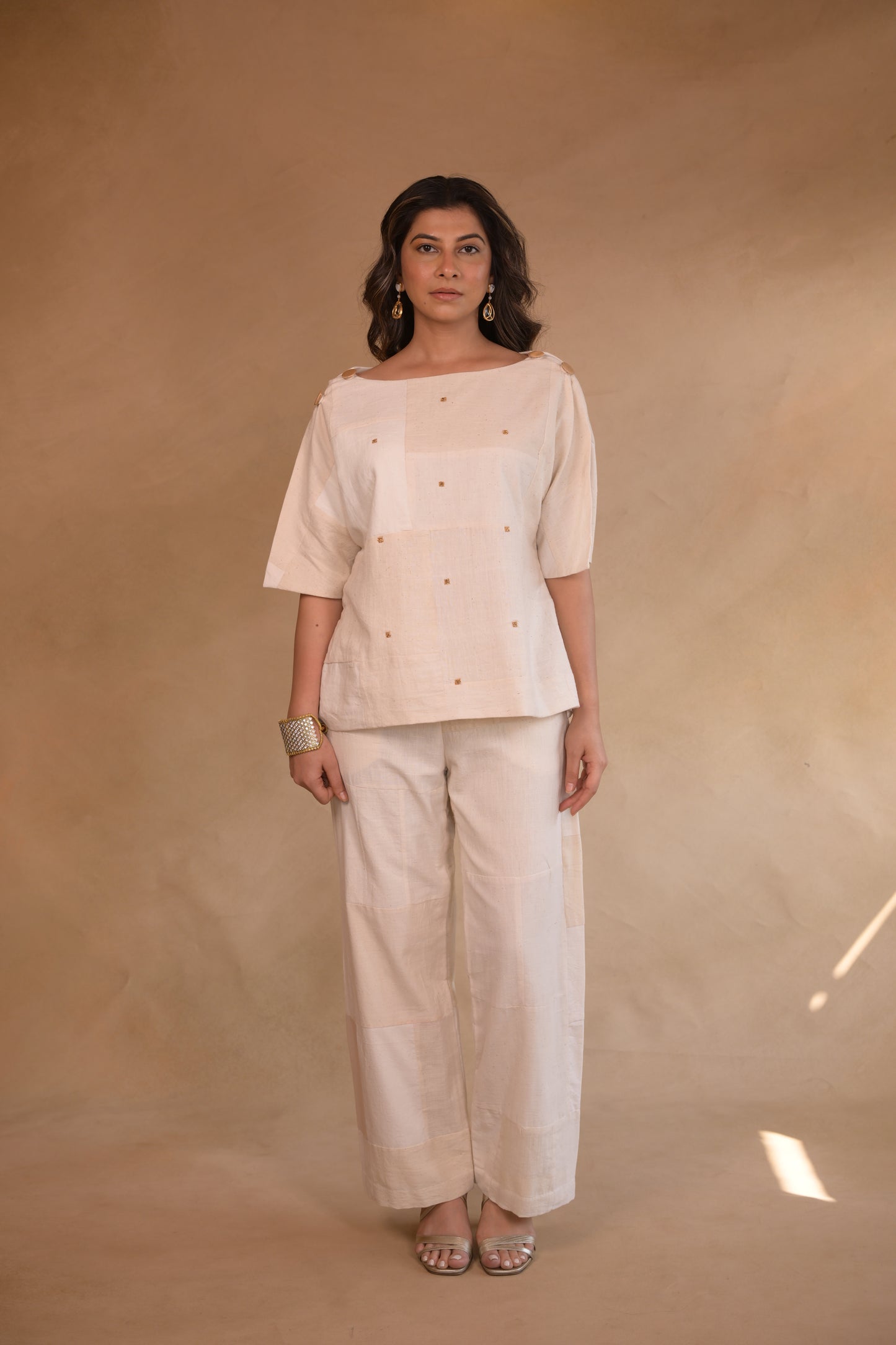 Tunic, with shoulder button in Patched fabric and hand embroidery accents