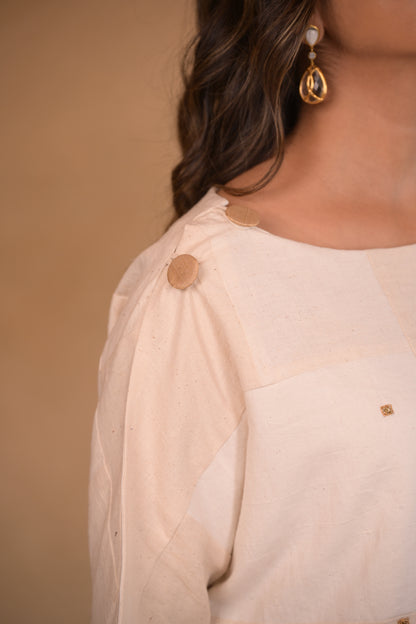 Tunic, with shoulder button in Patched fabric and hand embroidery accents