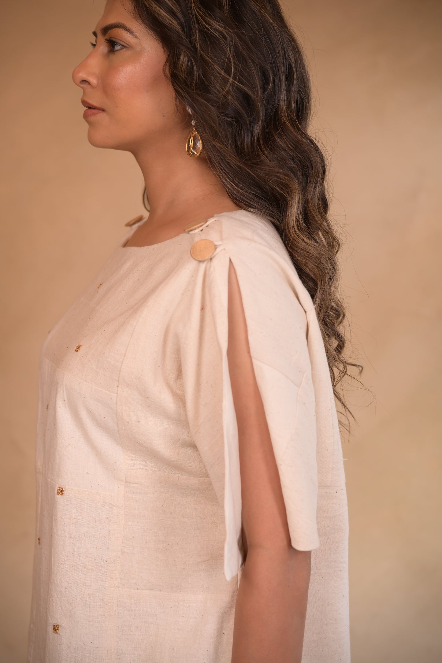 Tunic, with shoulder button in Patched fabric and hand embroidery accents