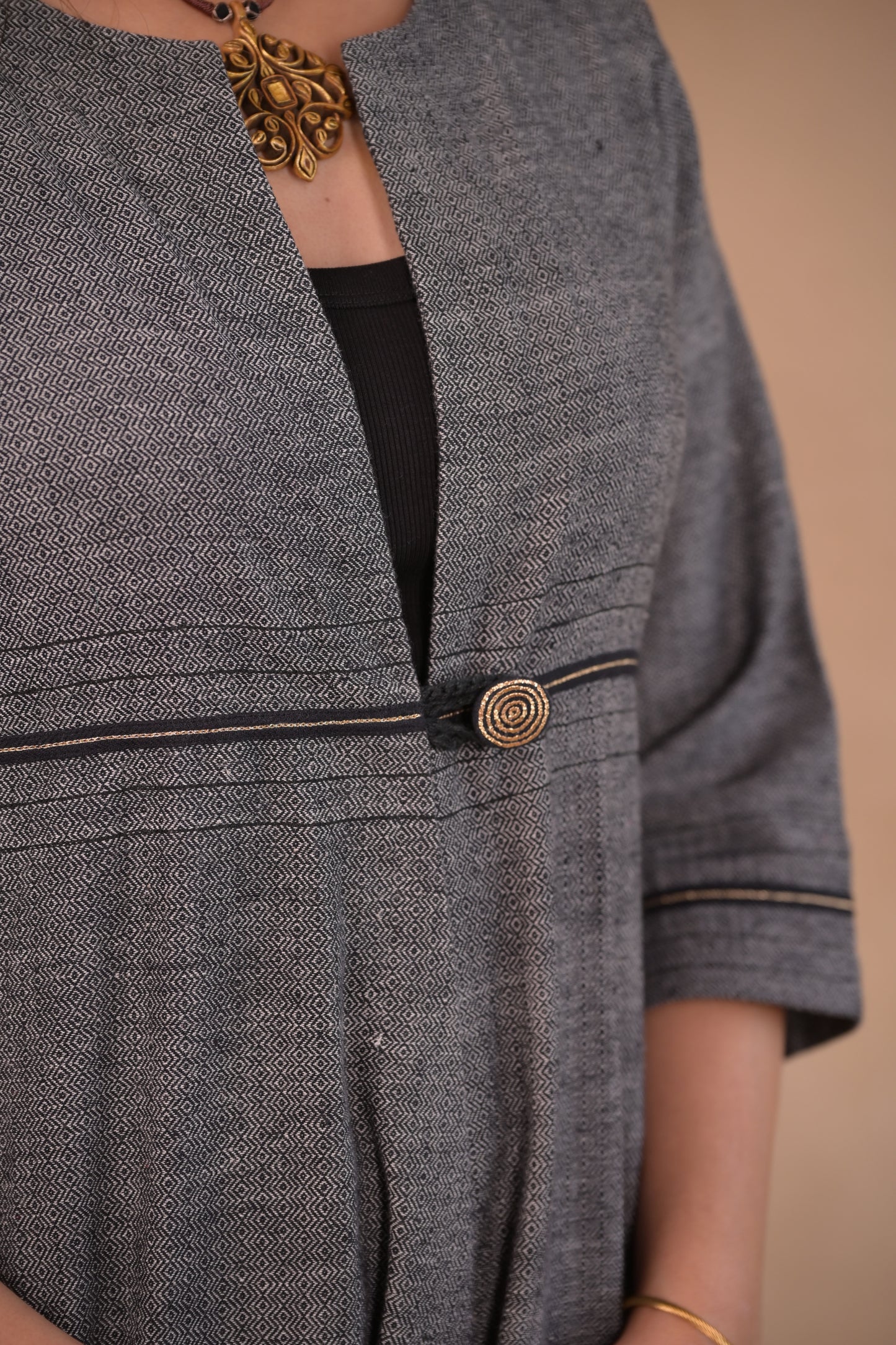 Jacket, Long Diamond Weave With Pockets & Embroidery