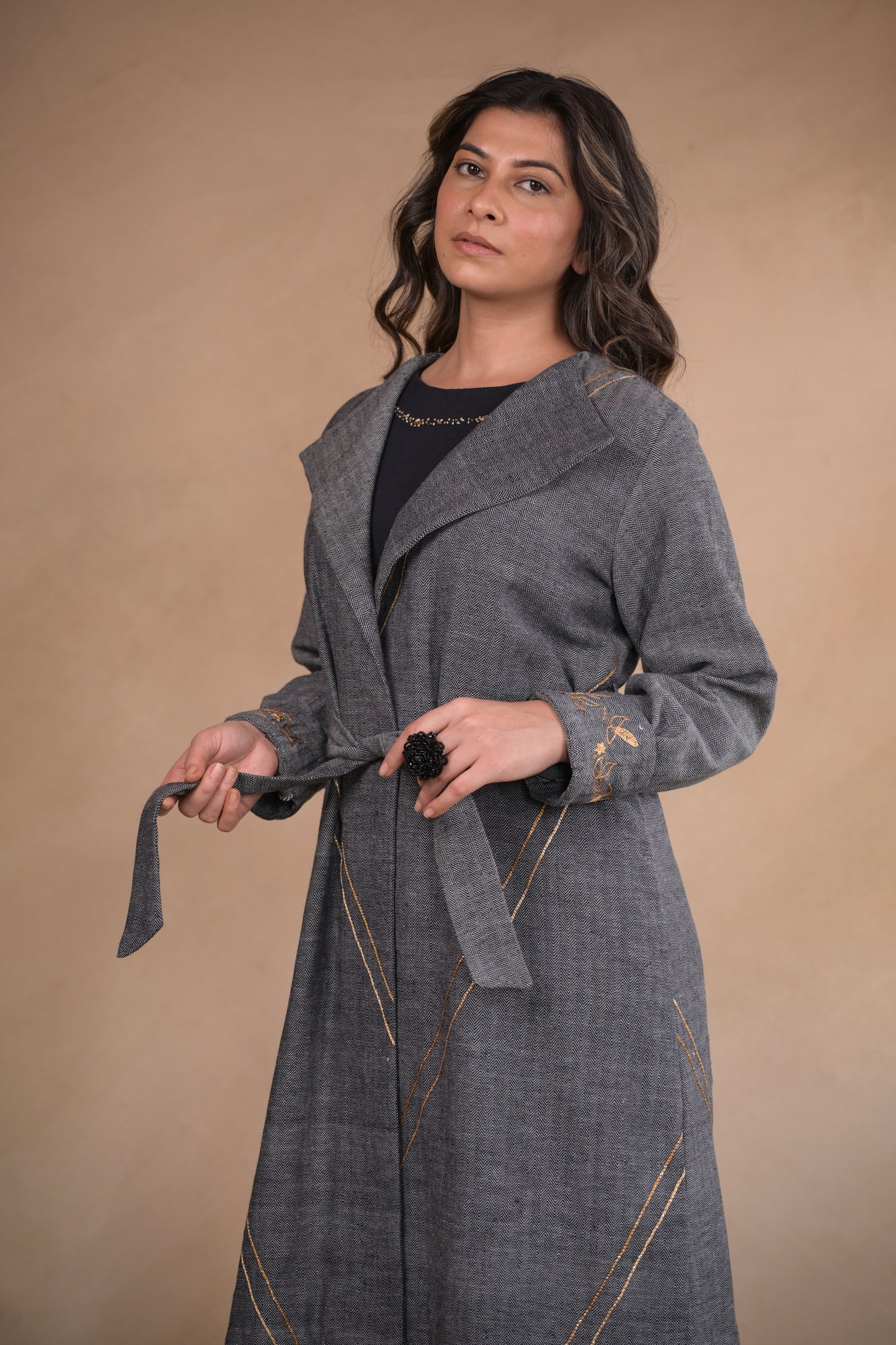 Jacket, Belted With Embroidery