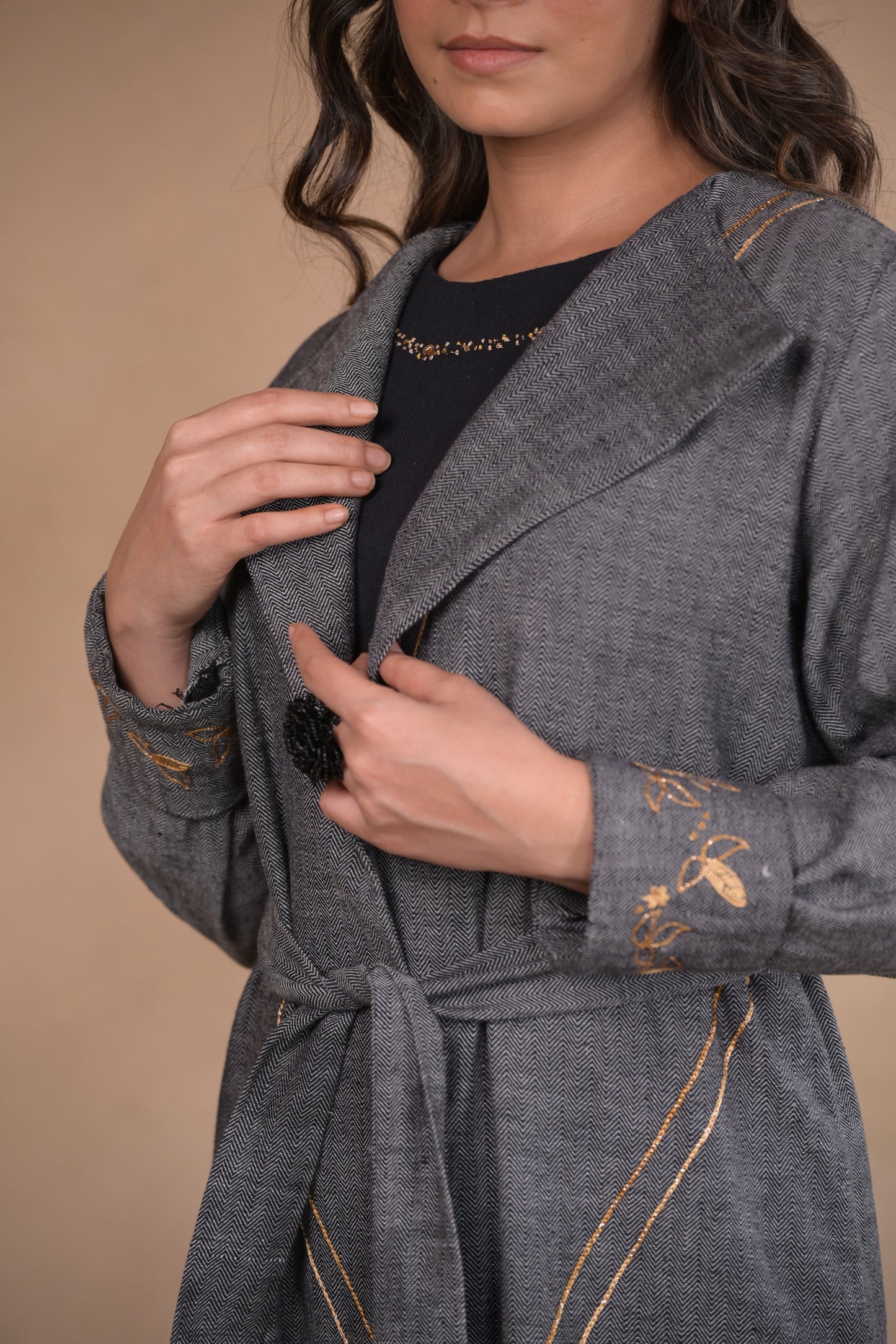 Jacket, Belted With Embroidery