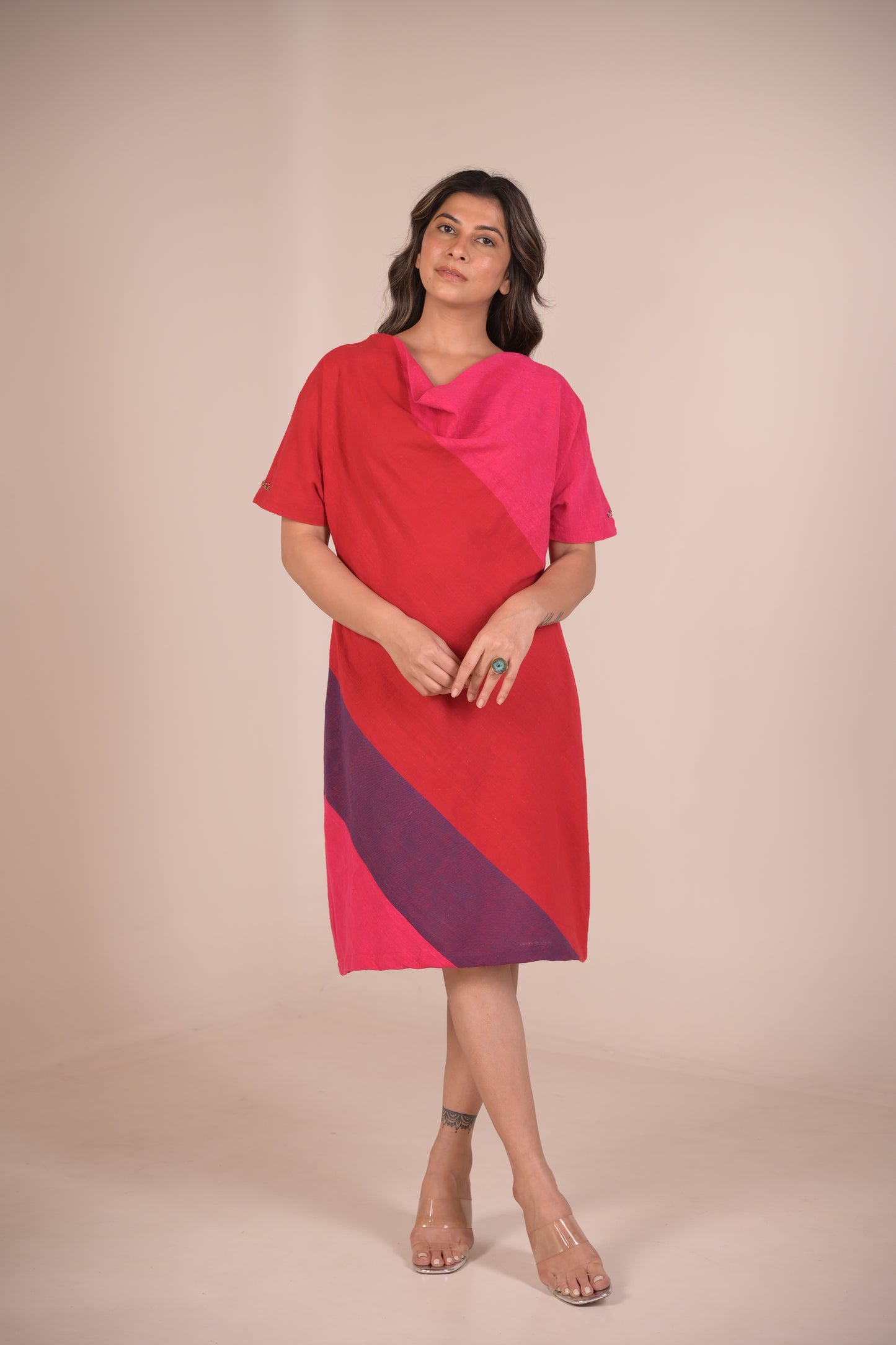 Dress, in Cowl neck with hand embroidery accents