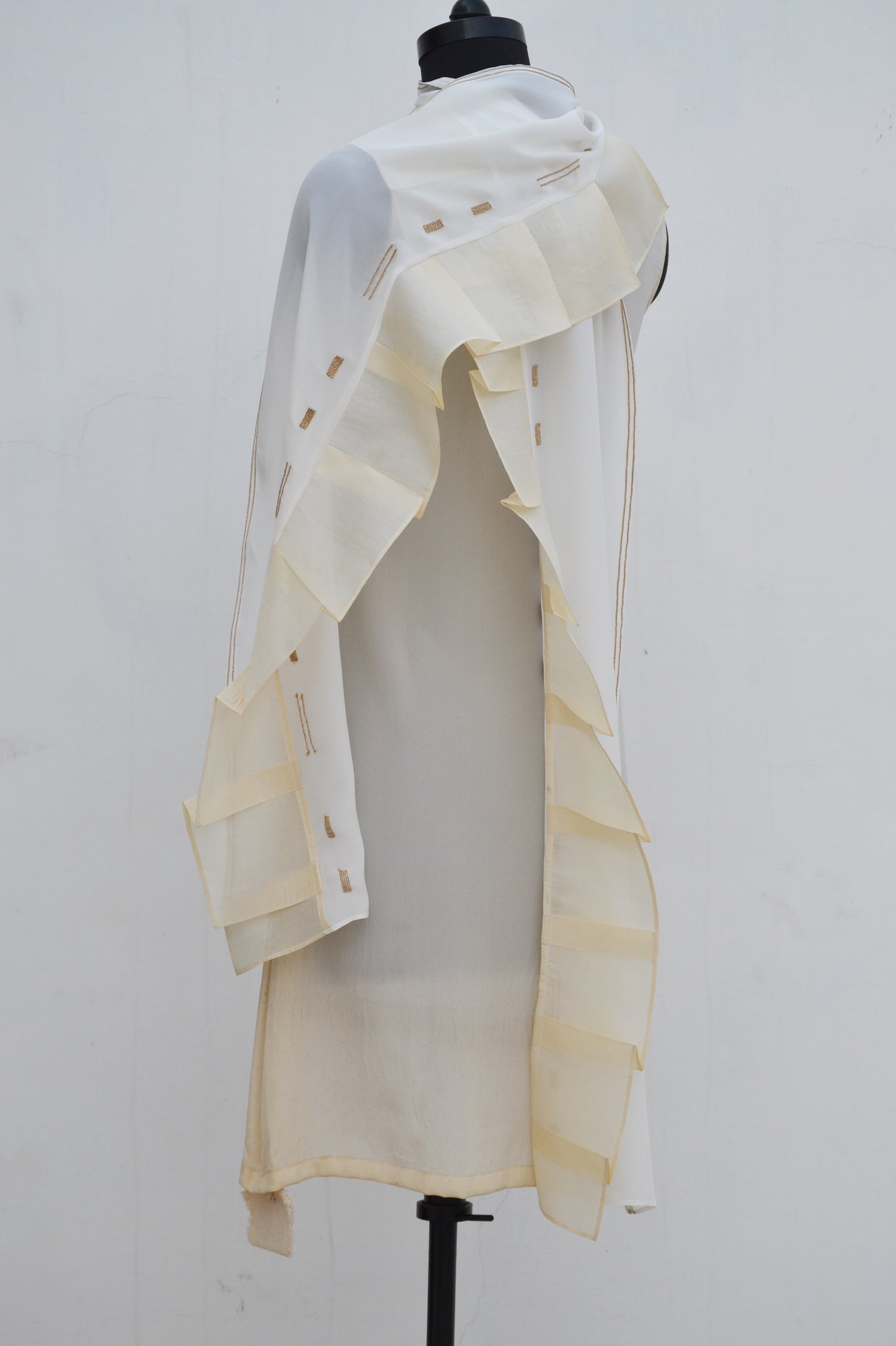 Embroidered & Pleated Scarf in Tassar Silk