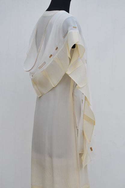 Embroidered & Pleated Scarf in Tassar Silk