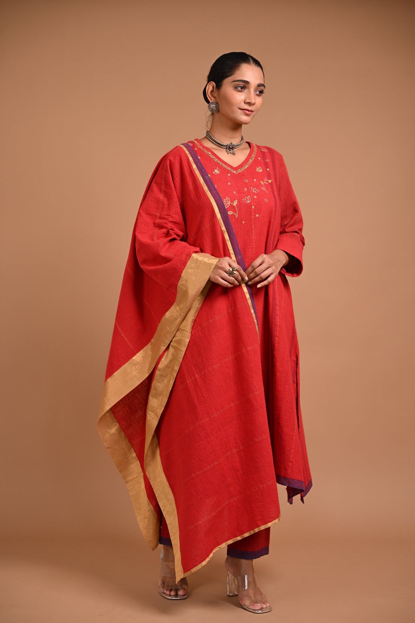 Dupatta Red Gold Lines & Gold Panel