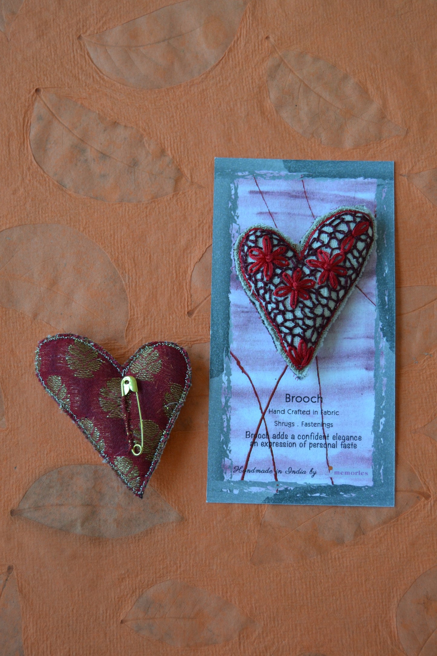 Floral Hand Embroidered Heart Brooch