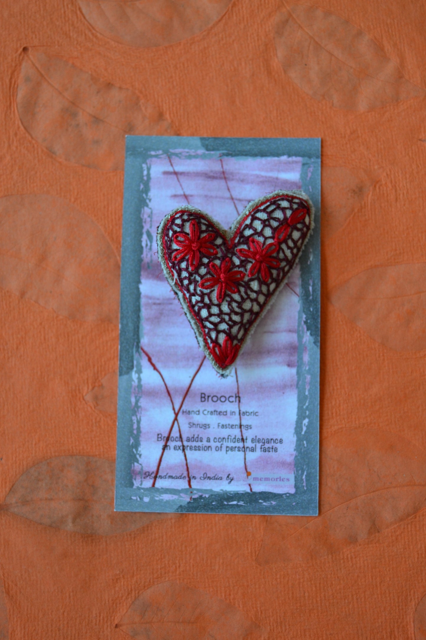 Floral Hand Embroidered Heart Brooch