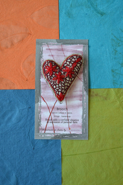 Floral Hand Embroidered Heart Brooch